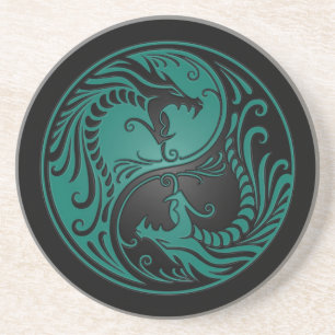 Blauwgroen blauwe en zwarte Yin Yang Dragons Zandsteen Onderzetter