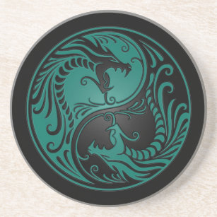 Blauwgroen blauwe en zwarte Yin Yang Dragons Zandsteen Onderzetter
