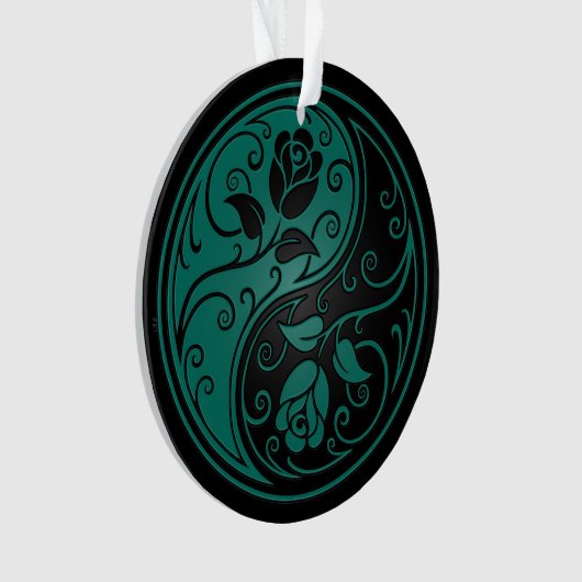 Blauwgroen Blauwe en Zwarte Yin Yang Rozen Ornament (voorkant)