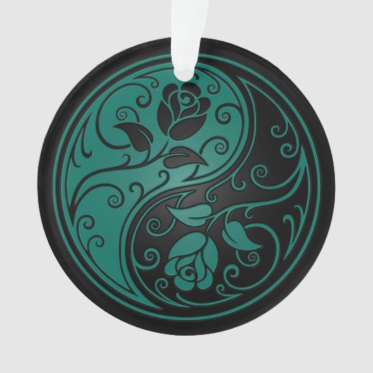 Blauwgroen Blauwe en Zwarte Yin Yang Rozen Ornament (voorkant)