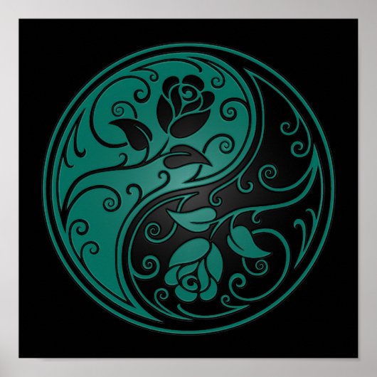 Blauwgroen Blauwe en Zwarte Yin Yang Rozen Poster (Voorkant)