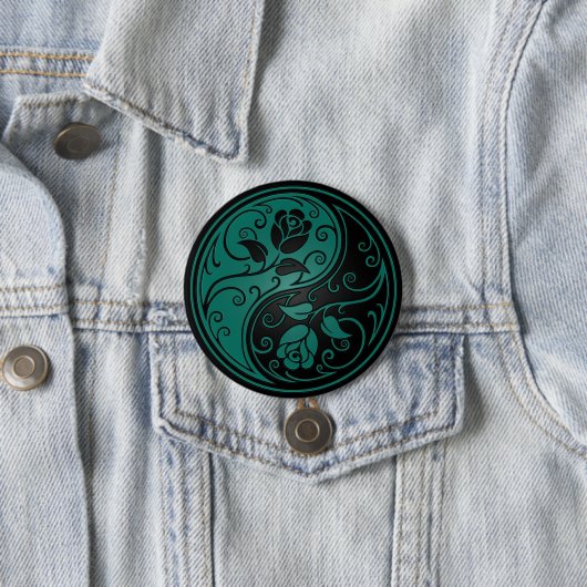 Blauwgroen Blauwe en Zwarte Yin Yang Rozen Ronde Button 7,6 Cm (In situ)