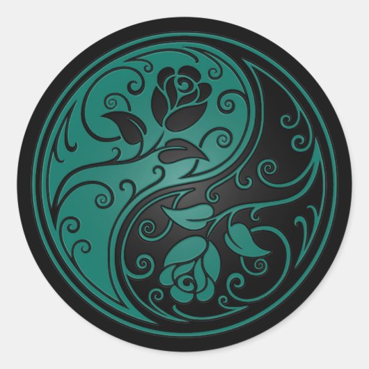Blauwgroen Blauwe en Zwarte Yin Yang Rozen Ronde Sticker (Voorkant)