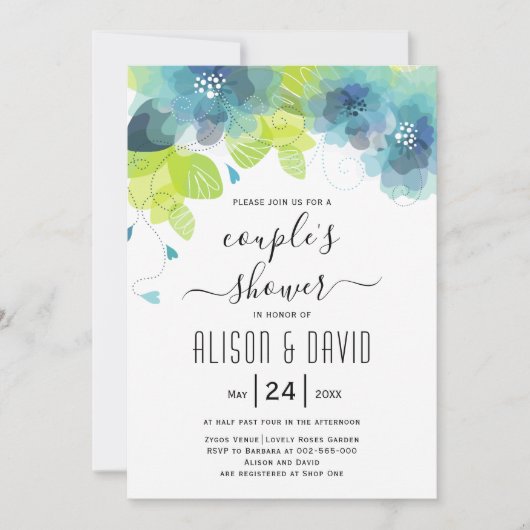 Blauwgroen blauwe etherbloemen trouwparen douchen kaart (Voorkant)