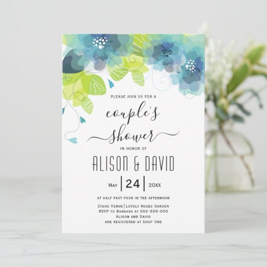 Blauwgroen blauwe etherbloemen trouwparen douchen kaart (Staand voorkant)