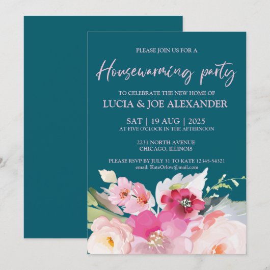 Blauwgroen Blauwe Floral Housewarming Kaart (Voorkant / Achterkant)