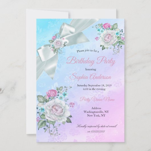  Blauwgroen Blauwe Floral Paars Roze Birthday Part Kaart (Voorkant)