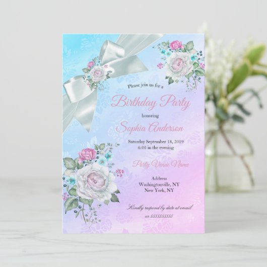 Blauwgroen Blauwe Floral Paars Roze Birthday Part Kaart