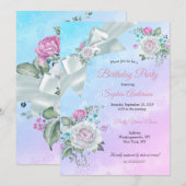  Blauwgroen Blauwe Floral Paars Roze Birthday Part Kaart (Voorkant / Achterkant)