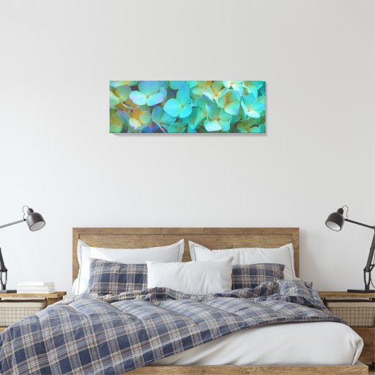 Blauwgroen blauwe gele roze hydrangeenbloem canvas afdruk (Insitu (Slaapkamer))