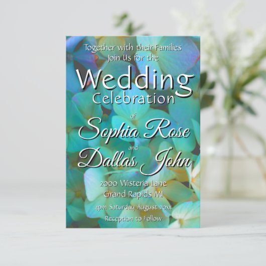 Blauwgroen blauwe gele roze hydrangeenbloem kaart (Staand voorkant)