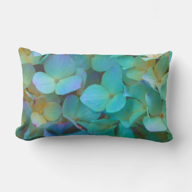 Blauwgroen blauwe gele roze hydrangeenbloem kussen (Voorkant)