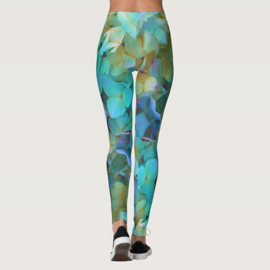 Blauwgroen blauwe gele roze hydrangeenbloem leggings (Achterkant)