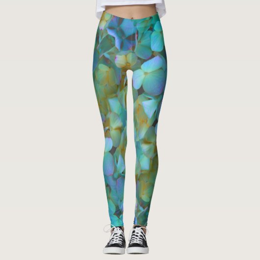 Blauwgroen blauwe gele roze hydrangeenbloem leggings (Voorkant)