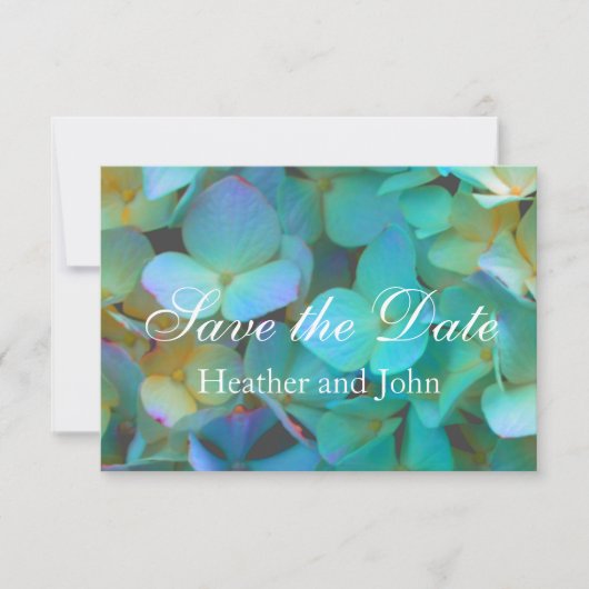 Blauwgroen blauwe gele roze hydrangeenbloem save the date (Voorkant)