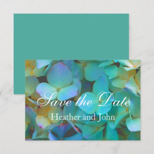 Blauwgroen blauwe gele roze hydrangeenbloem save the date (Voorkant / Achterkant)