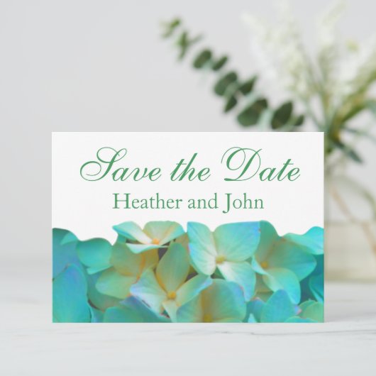 Blauwgroen blauwe gele roze hydrangeenbloem save the date (Staand voorkant)