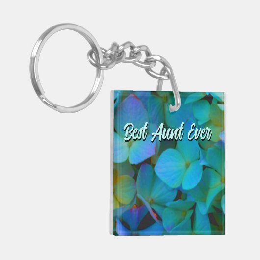 Blauwgroen blauwe gele roze hydrangeenbloemen best sleutelhanger (Voorkant Links)