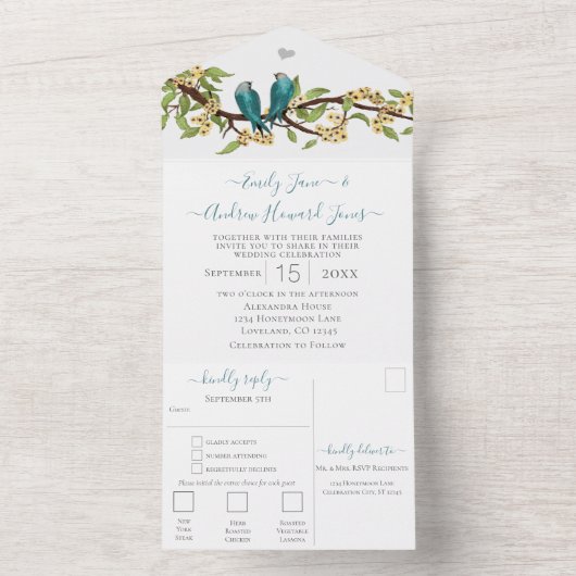 Blauwgroen blauwe gele vevogel Geheime bostuin All In One Uitnodiging (Binnen)