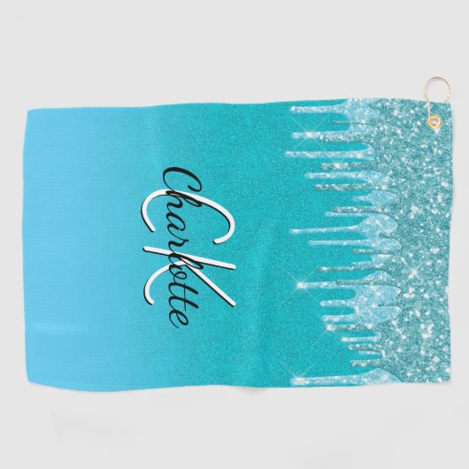 Blauwgroen blauwe glitter druppelt monogram sparkl golfhanddoek (Horizontaal)