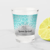 Blauwgroen blauwe glitter- en zilver-pensionering shot glas (Voorkant)