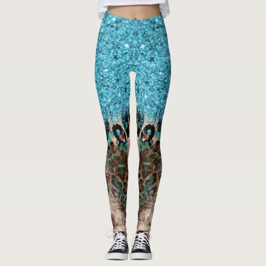 Blauwgroen Blauwe Glitter Leopard Print Abstract Leggings (Voorkant)