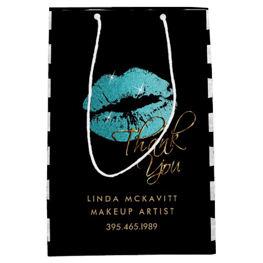 Blauwgroen Blauwe Glitter Lippen & Witte Strepen - Medium Cadeauzakje (Voorkant)