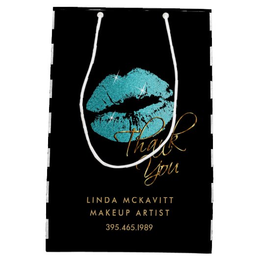 Blauwgroen Blauwe Glitter Lippen & Witte Strepen - Medium Cadeauzakje (Achterkant)