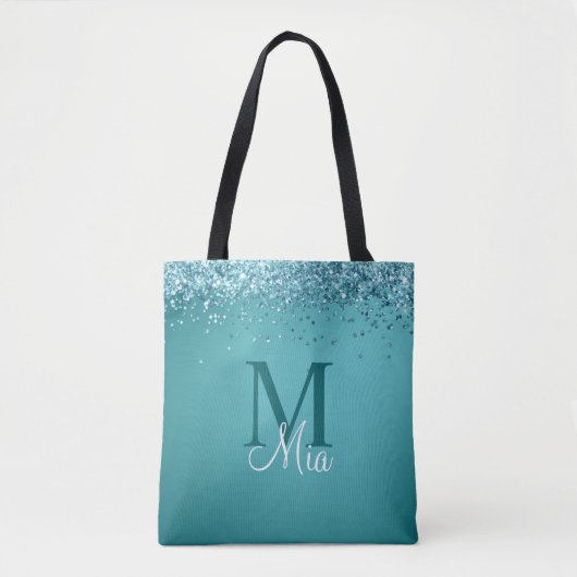 Blauwgroen blauwe Glitter Monogram Persoonlijke na Tote Bag (Voorkant)
