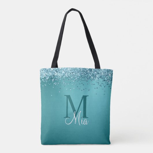 Blauwgroen blauwe Glitter Monogram Persoonlijke na Tote Bag (Achterkant)