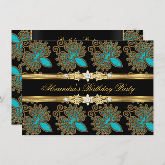 Blauwgroen blauwe goudzwarte legant geboortedag kaart (Voorkant / Achterkant)