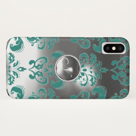BLAUWGROEN BLAUWE GRAY WHITE DAMASK GEM MONOGRAM Case-Mate iPhone CASE (Achterkant (horizontaal))