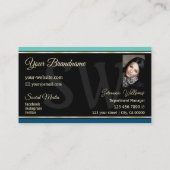 Blauwgroen Blauwe Grenzen op Zwart met Monogram en Visitekaartje (Achterkant)