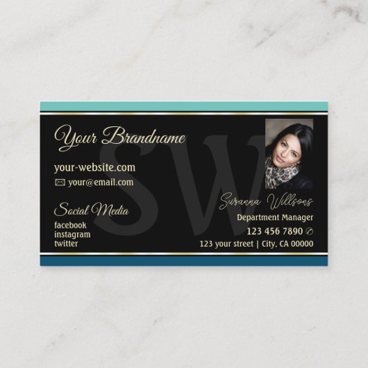 Blauwgroen Blauwe Grenzen op Zwart met Monogram en Visitekaartje (Achterkant)