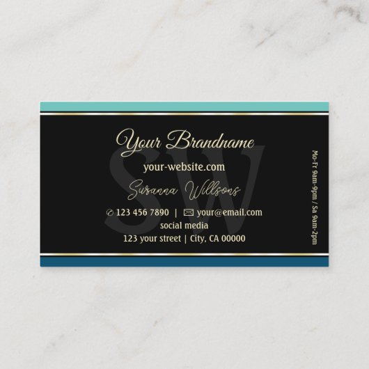 Blauwgroen Blauwe Grenzen op Zwart Stijlvol met Mo Visitekaartje (Achterkant)