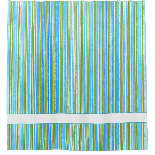 Blauwgroen, blauwe, groene en witte strepen douchegordijn (Voorkant)