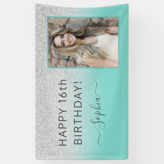 Blauwgroen blauwe groene glitter Birthday Party Spandoek (Verticaal)