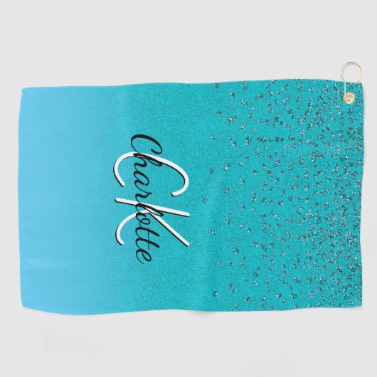Blauwgroen blauwe groene glitter monogram naam golfhanddoek (Horizontaal)
