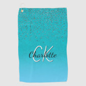 Blauwgroen blauwe groene glitter monogram naam golfhanddoek (Voorkant)
