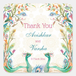 Blauwgroen blauwe groene kruis florale pauock, aan vierkante sticker