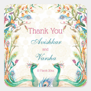 Blauwgroen blauwe groene kruis florale pauock, aan vierkante sticker