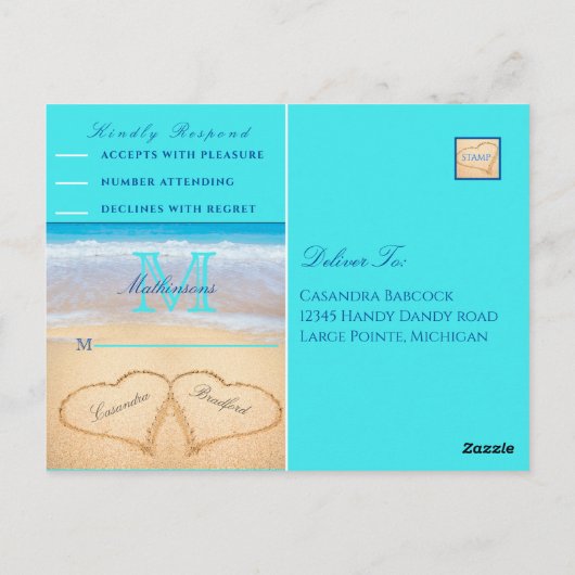 Blauwgroen blauwe harten in het zandstrand Wedding Briefkaart (Achterkant)