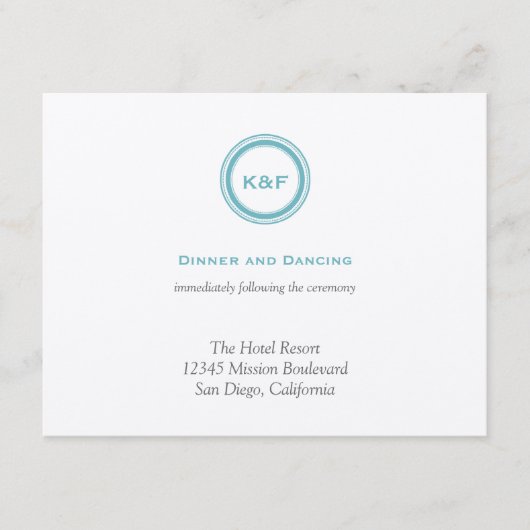Blauwgroen blauwe initialen bruiloft informatiekaartje (Voorkant)