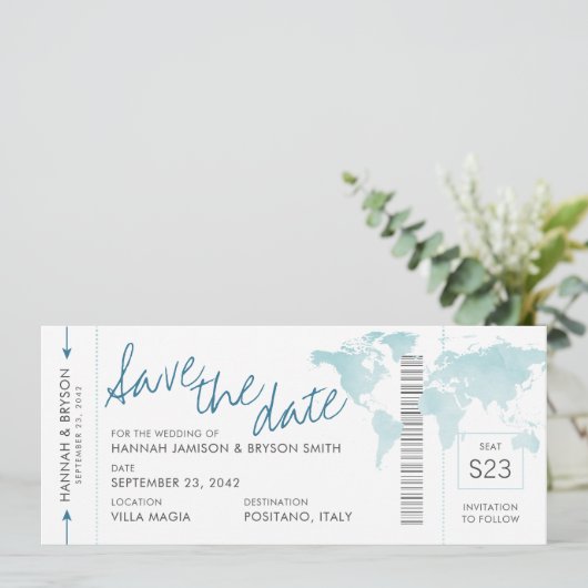 Blauwgroen blauwe instapkaart wereldkaart opslaan (Staand voorkant)