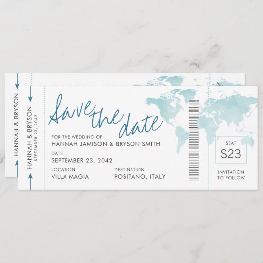 Blauwgroen blauwe instapkaart wereldkaart opslaan (Voorkant / Achterkant)