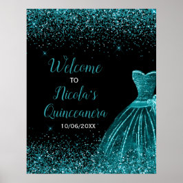 Blauwgroen Blauwe Jurk Faux Glitter Quinceanera We Poster