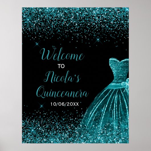 Blauwgroen Blauwe Jurk Faux Glitter Quinceanera We Poster (Voorkant)