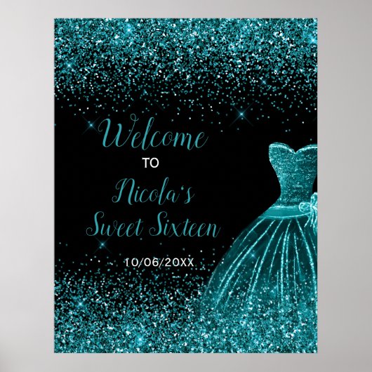 Blauwgroen Blauwe Jurk Faux Glitter Sweet 16 Welko Poster (Voorkant)