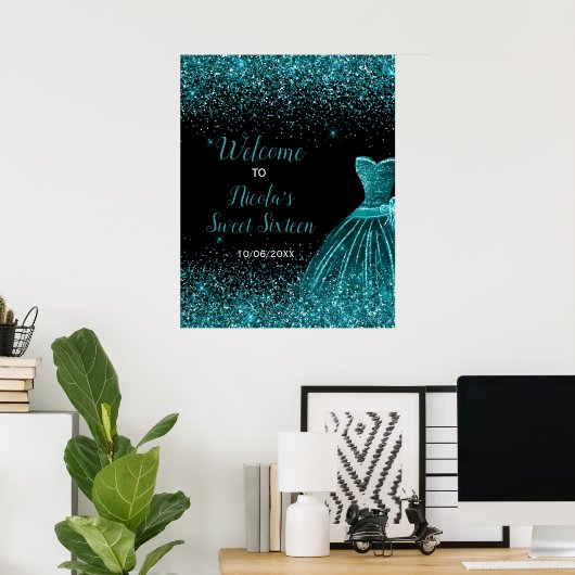 Blauwgroen Blauwe Jurk Faux Glitter Sweet 16 Welko Poster (Thuiskantoor)