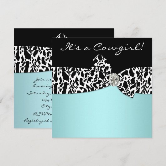 Blauwgroen Blauwe Koe Print Cowgirl Baby shower Kaart (Voorkant / Achterkant)